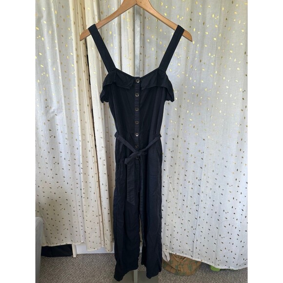 Billabong Ruffled Square Neckline Button Front Self Tie Belt Pockets Jumpsuit M - Picture 4 of 11